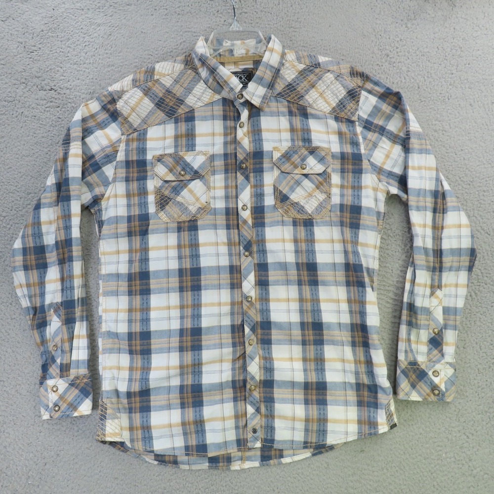 BKE Buck Shirt Men XL Blue Brown Plaid Pearl Snap Pockets Western Cowboy